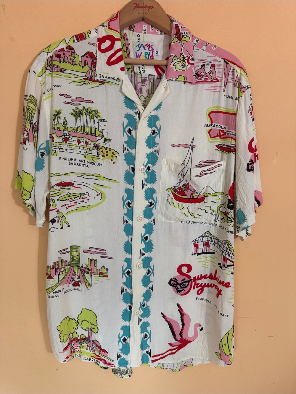 🦩 RARE VINTAGE 90s Jams World "No Ka Oi" Florida Print Rayon Shirt 🌴 Size M